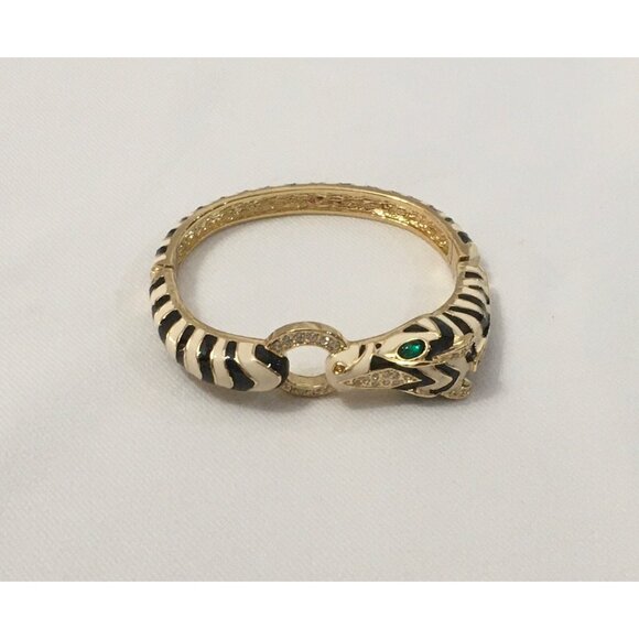 Unsigned Ciner Zebra Bracelet Hinged Clamp Clear Rhinestones Green Eyes - Picture 4 of 6